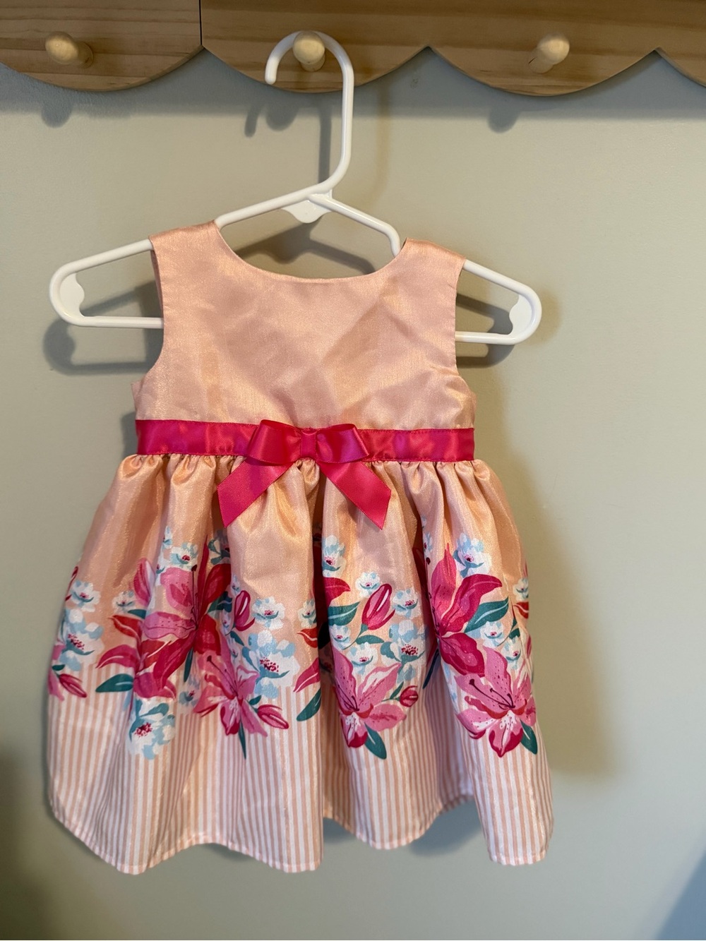 Blueberi Boulevard Girls Pink/Beige Floral Fit & Flare Dress Bow Sleeveless 6-9M
